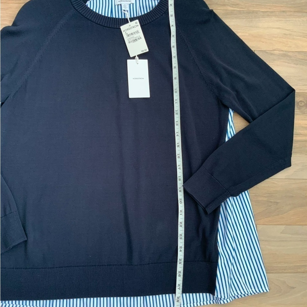 Nordstrom Round Neck Sweater with  Stripe Woven Underlayer - Picture 3 of 8